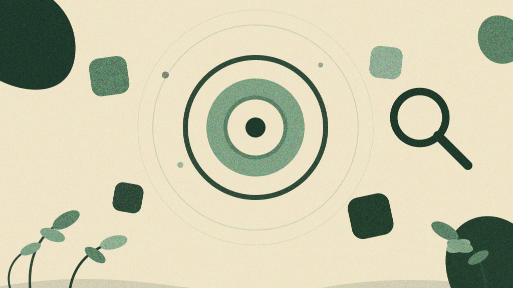 Ilustração abstrata de um alvo com mira central e uma lupa, representando o leilão por toque (CPT) e a busca por apps no Apple Search Ads