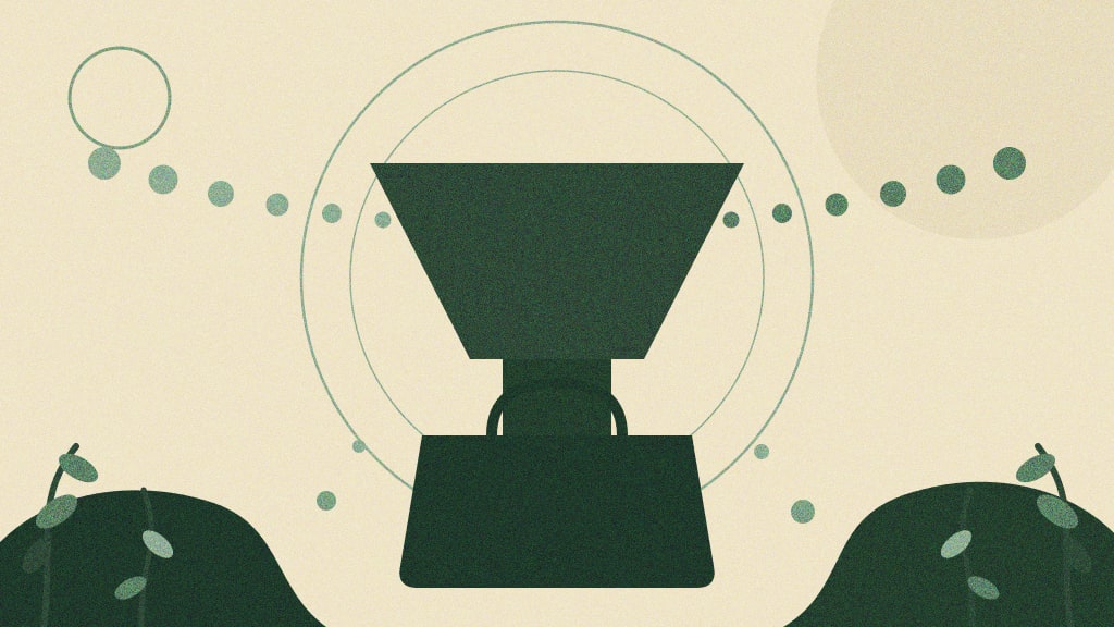 Ilustração editorial abstrata de um funil unindo dois fluxos de pontos em um funil que despeja numa sacola, representando o Advantage+ Shopping Campaigns unificando prospecção e retargeting no Meta Ads