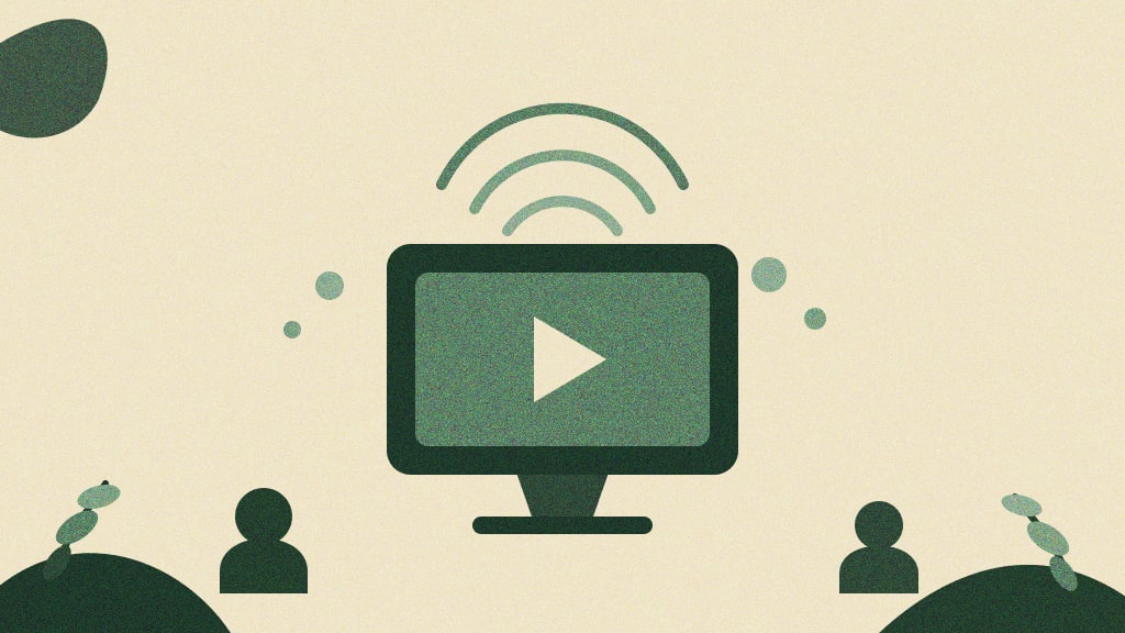 Ilustração editorial abstrata de uma TV exibindo um ícone de play com ondas de sinal de transmissão, representando anúncios CTV alcançando audiências em telas conectadas
