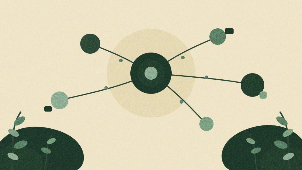Ilustração abstrata de um hub central de distribuição programática do DV360 conectado a múltiplos canais de mídia