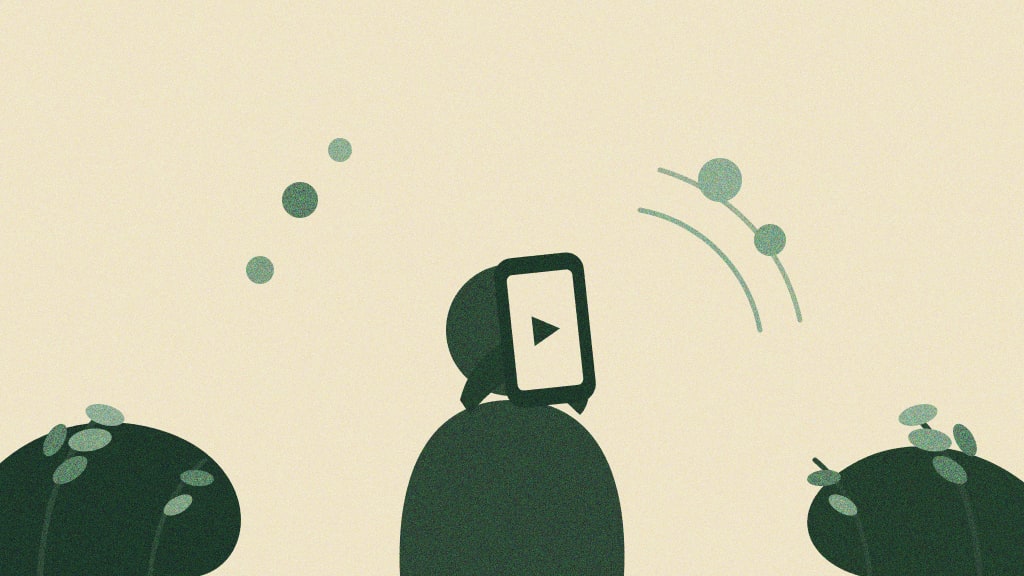 Ilustração abstrata de uma figura segurando um celular com ícone de play, representando vídeo curto e anúncios no Kwai Ads