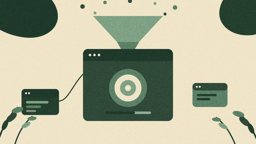 Ilustração abstrata de uma landing page para mídia paga: funil canalizando tráfego para uma janela de navegador com um alvo de conversão ao centro