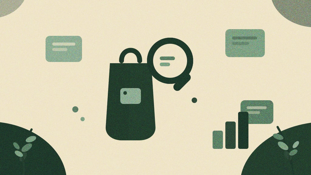 Ilustração editorial de uma sacola de compras com uma lupa de busca sobreposta, representando retail media e anúncio patrocinado dentro de marketplace
