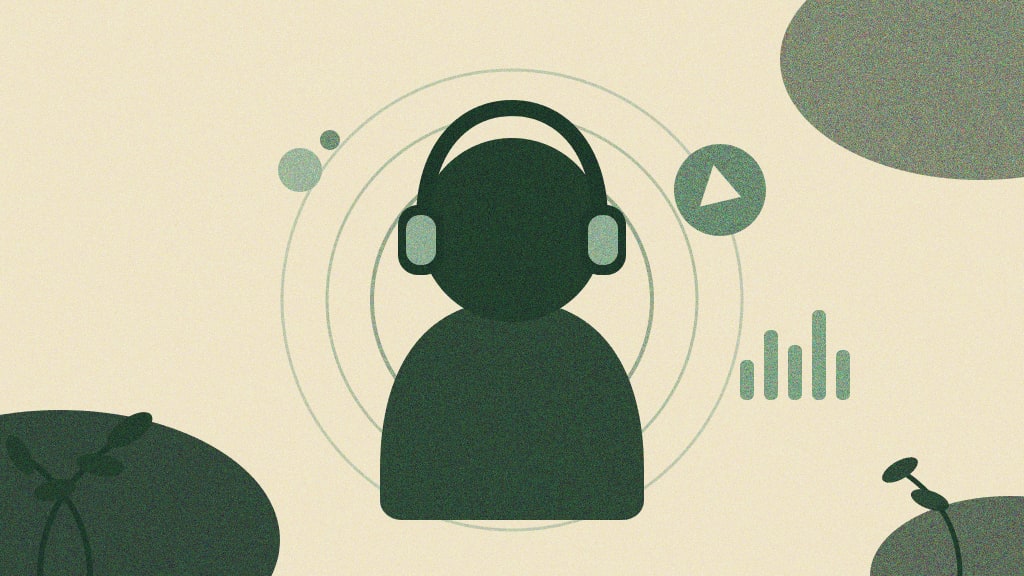 Ilustração editorial abstrata representando Spotify Ads: figura com fones de ouvido cercada por ondas sonoras, ícone de play e barras de equalizador
