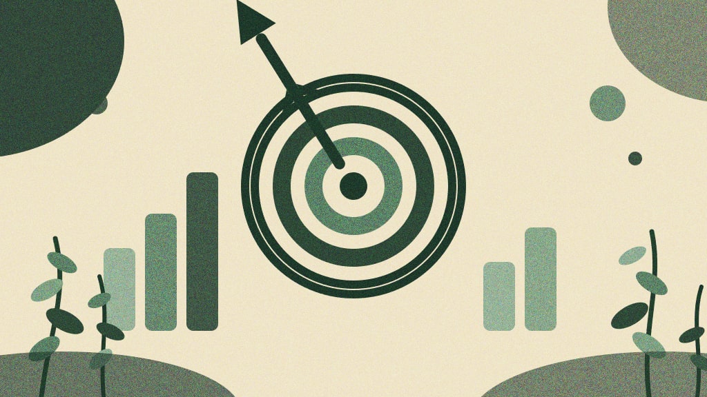 Ilustração editorial abstrata de um alvo com flecha ao centro, representando tCPA e tROAS no Google Ads