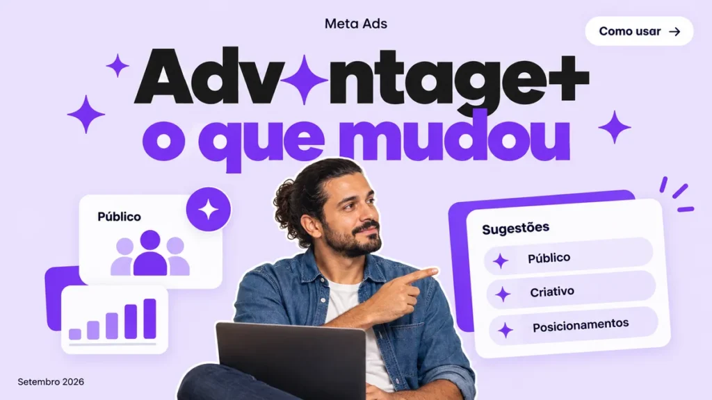 Capa do artigo sobre Advantage+ Audience no Meta Ads, com homem apontando pro notebook entre cards de público