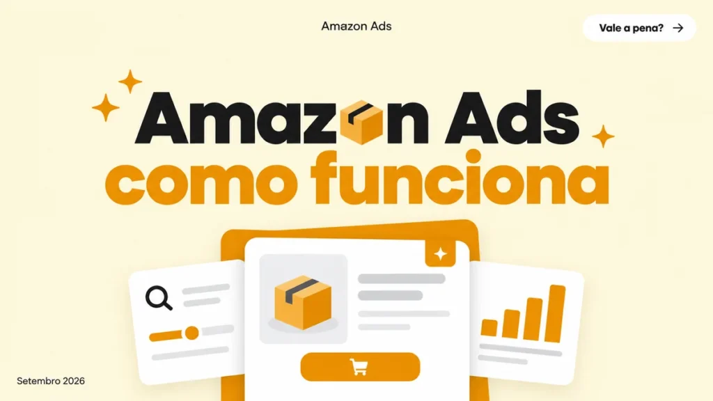 Capa do artigo sobre Amazon Ads, com título grande e cards de anúncio de produto, lance por palavra-chave e vendas