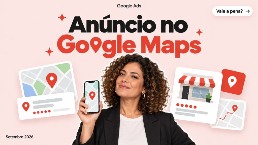 Capa do artigo sobre anúncio no Google Maps para negócio local, mulher segurando celular com pin vermelho no mapa