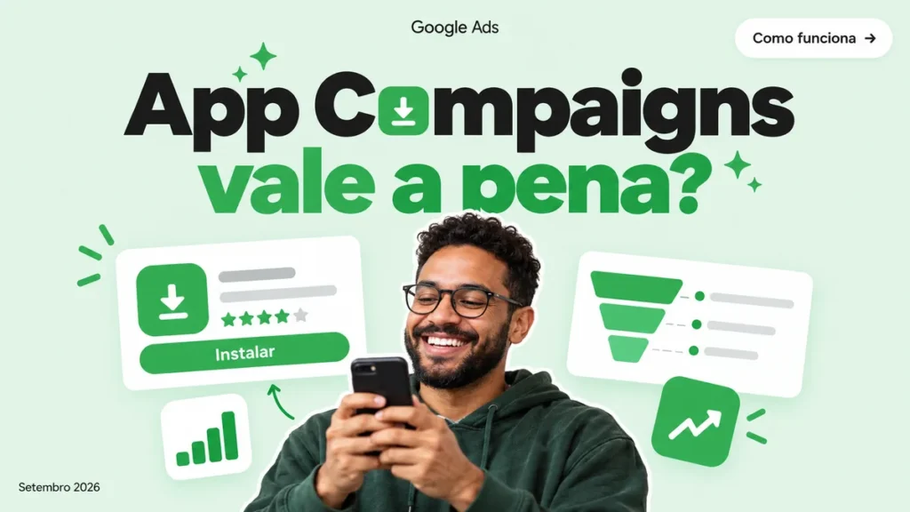 Capa do artigo sobre App Campaigns no Google Ads, com homem segurando celular entre cards de loja de apps