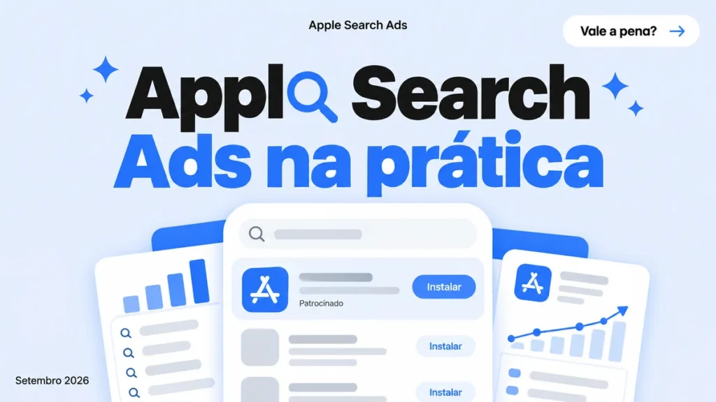 Capa do artigo sobre Apple Search Ads, com título grande e cards de resultado de busca na App Store e palavras-chave
