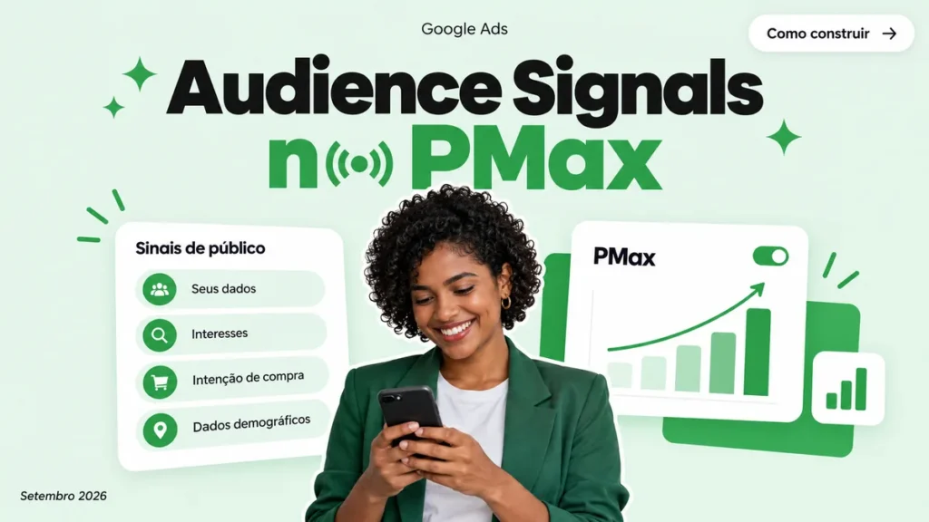 Capa do artigo sobre audience signals no Performance Max, com mulher segurando celular entre cards de sinais