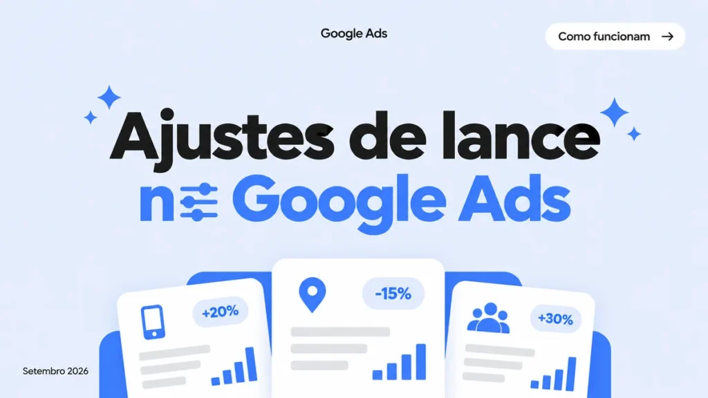 Capa do artigo sobre bid adjustments no Google Ads, com cards de ajuste por dispositivo, local e audiência