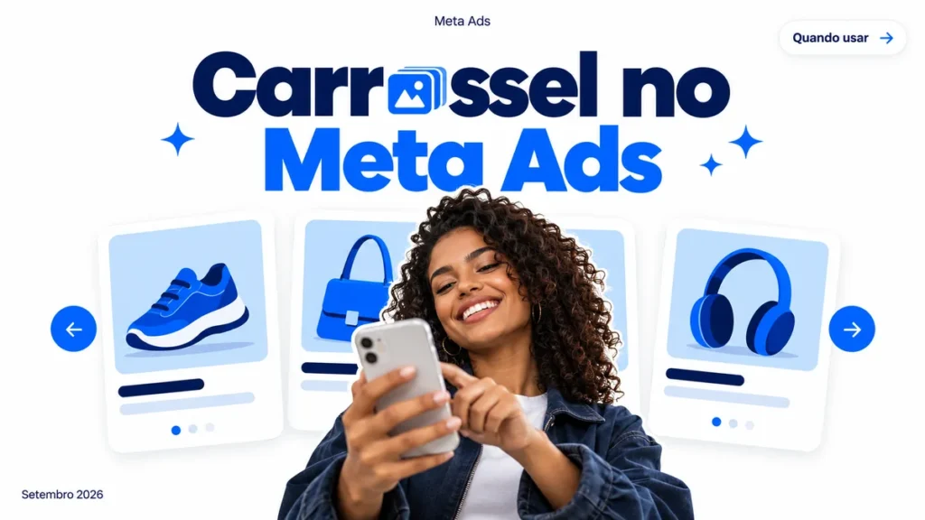 Capa do artigo sobre carrossel no Meta Ads, com mulher deslizando o celular entre cards de produtos em fila