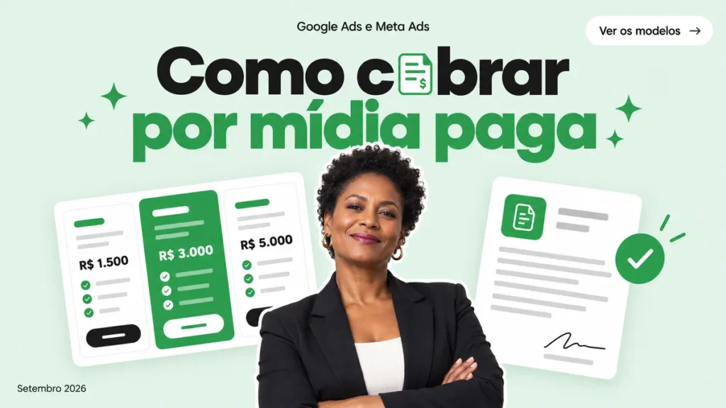 Capa do artigo sobre como cobrar por mídia paga, com mulher de braços cruzados entre cards de tabela de preço
