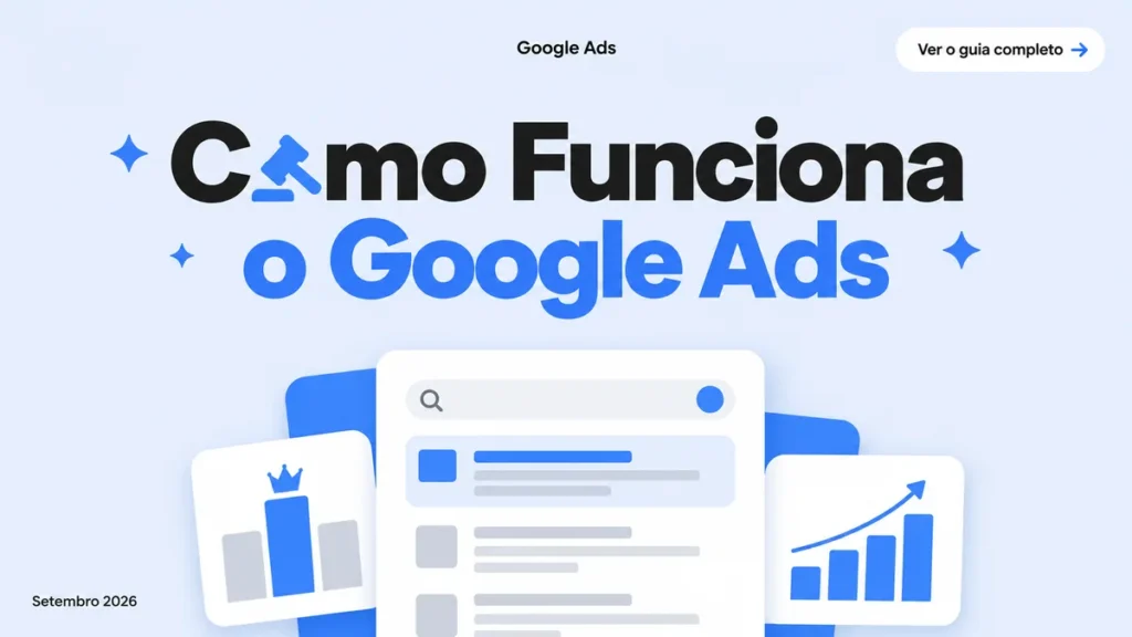 Capa do guia completo sobre como funciona o Google Ads em 2026, leilão e Quality Score