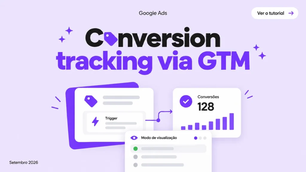 Capa do tutorial de conversion tracking no Google Ads via GTM, com cards de contêiner, tag e contagem