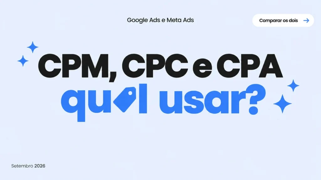 Capa do artigo sobre CPM, CPC e CPA em mídia paga, com título grande em duas linhas e ícone de etiqueta de preço