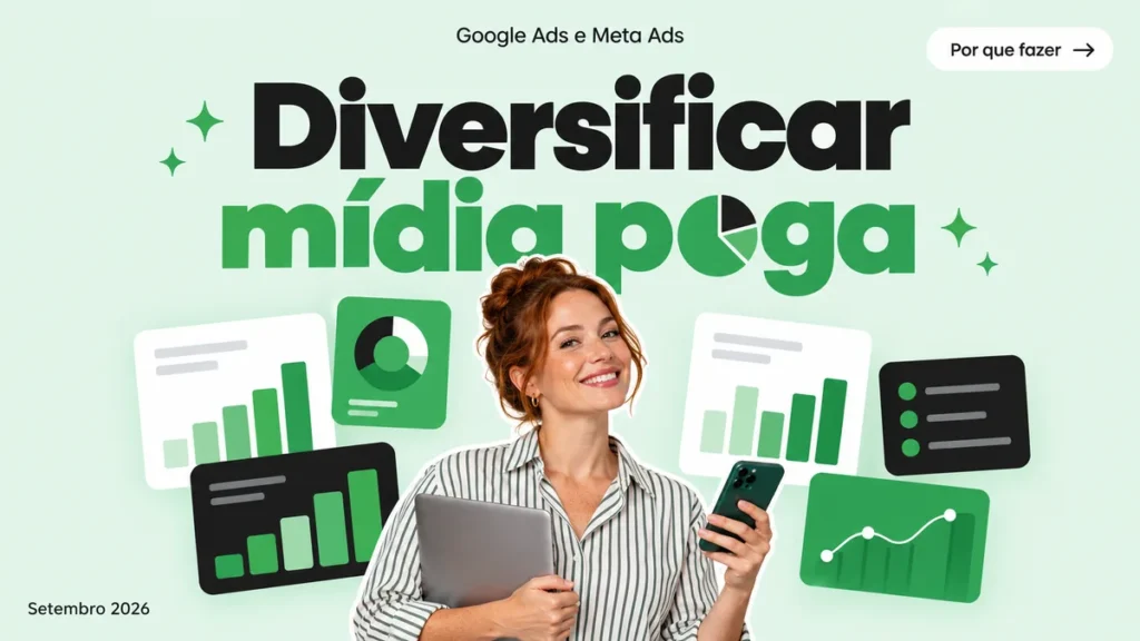 Capa do artigo sobre diversificação de mídia paga, com mulher segurando notebook e celular entre cards de plataformas