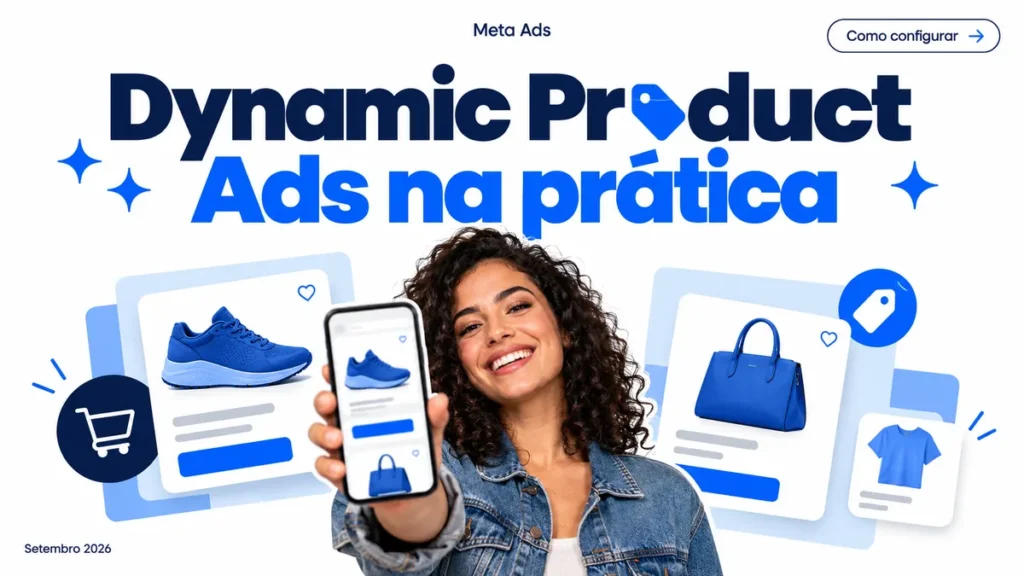 Capa do artigo sobre Dynamic Product Ads no Meta Ads, com mulher segurando celular entre cards de catálogo de produtos