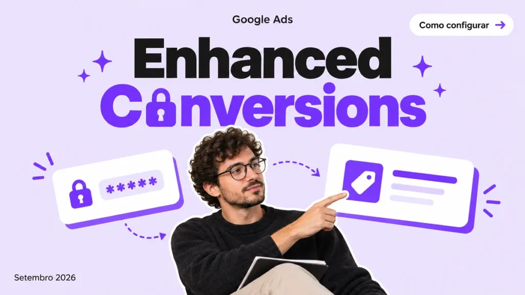 Capa do artigo sobre Enhanced Conversions no Google Ads, com homem apontando pro notebook e card de dado com cadeado
