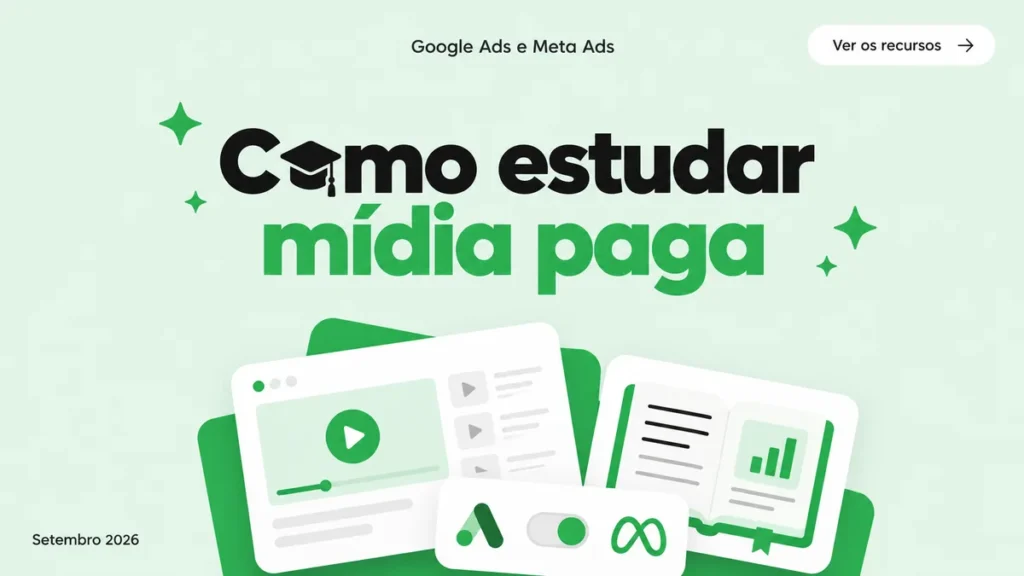 Capa do artigo sobre estudar mídia paga com recursos gratuitos e pagos, com cards de curso, livro e seletor