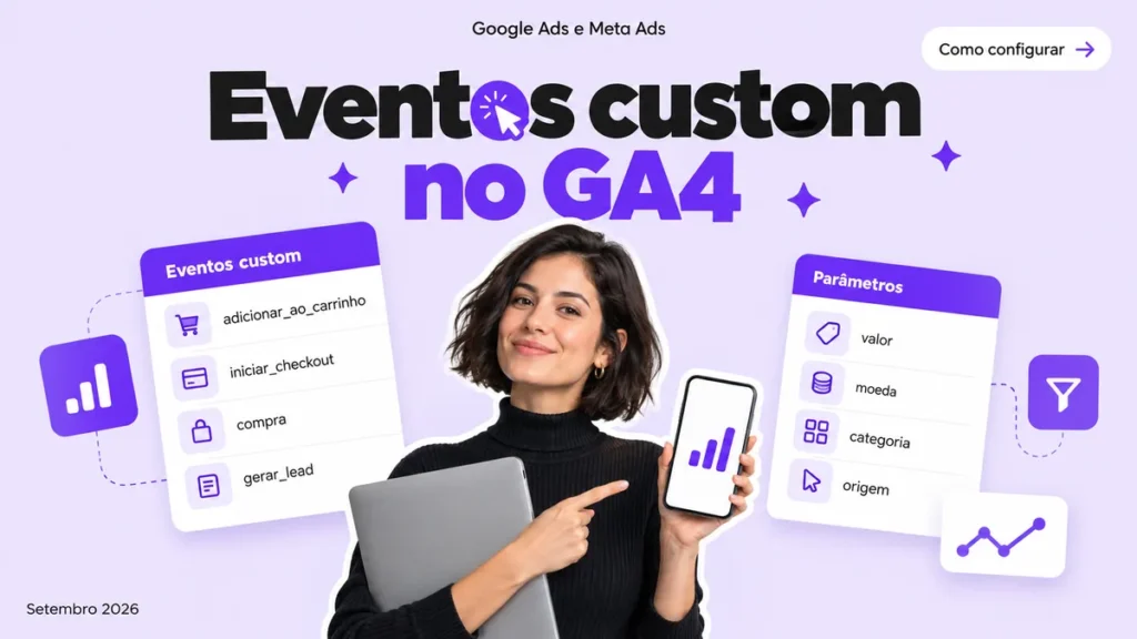 Capa do artigo sobre eventos customizados no GA4 pra mídia paga, com mulher segurando notebook e celular