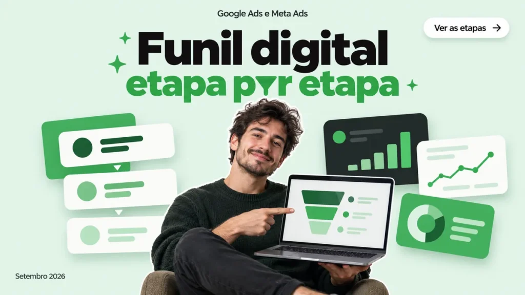Capa do artigo sobre funil de marketing digital, com homem apontando pro notebook entre cards de etapas do funil