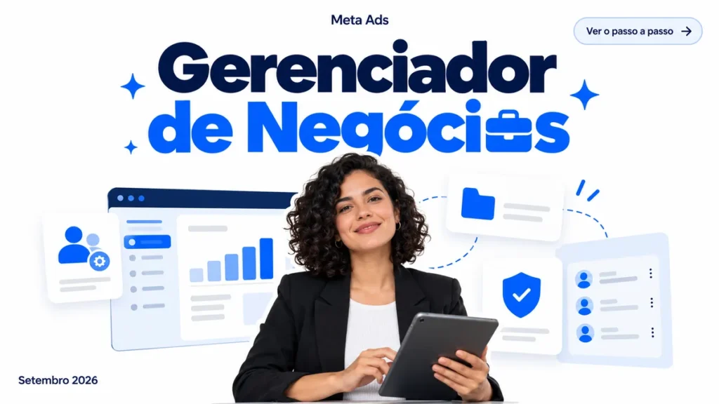 Ilustração sobre como configurar o Gerenciador de Negócios do Facebook, com pessoa segurando tablet e ícones de permissão
