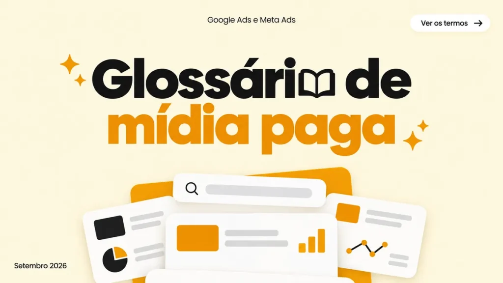 Capa do artigo glossário de mídia paga, com título grande e cards de siglas e termos usados em anúncios pagos