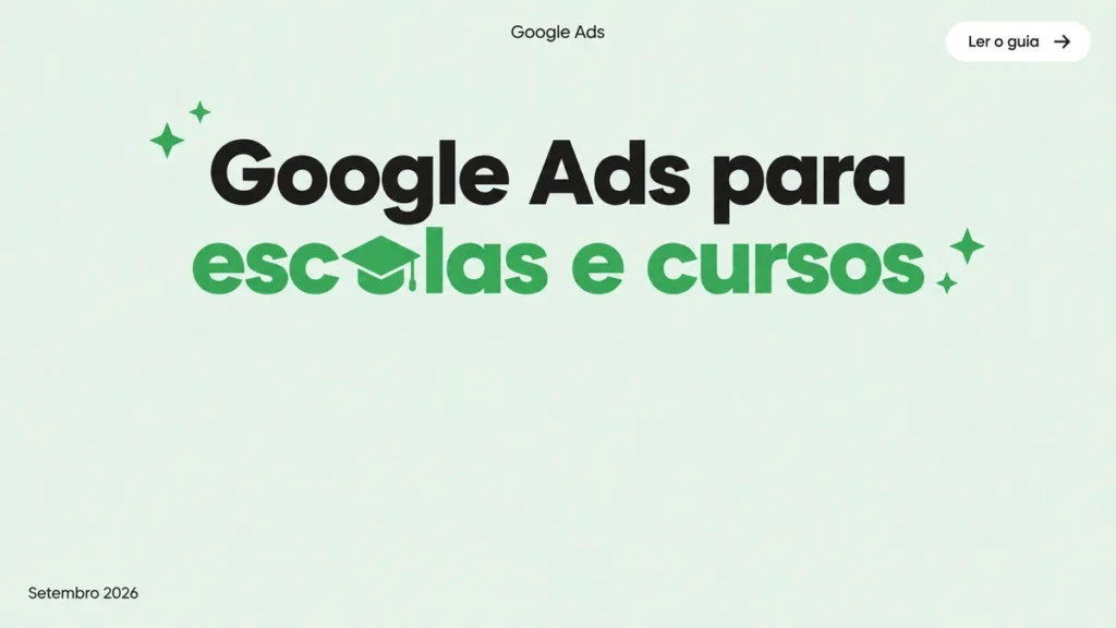 Capa do artigo sobre Google Ads para escolas particulares e cursos, com título grande e ícone de capelo