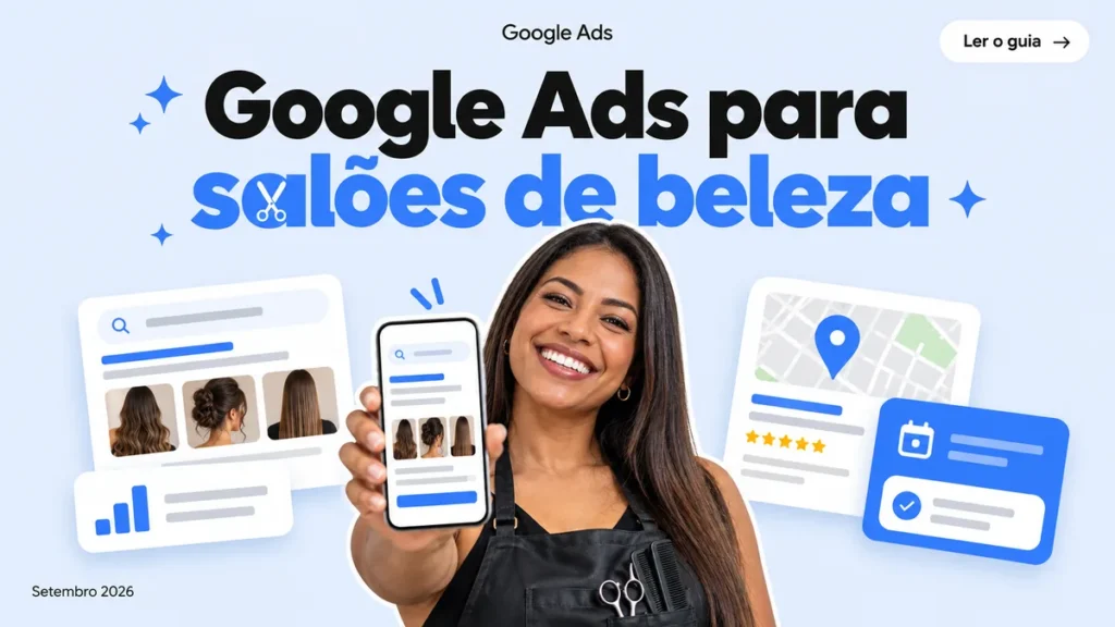 Capa do artigo sobre Google Ads para salões de beleza, com cabeleireira segurando celular entre cards de agenda