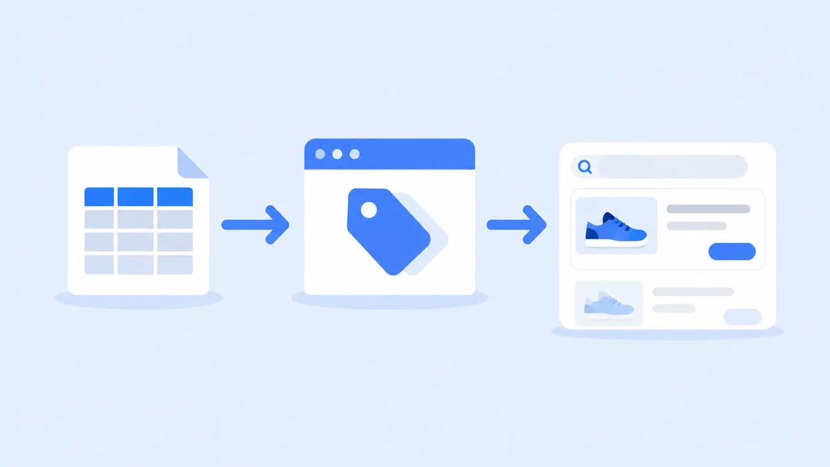 Diagrama do fluxo do feed de produtos no Google Shopping Ads, do Merchant Center até o anúncio na busca