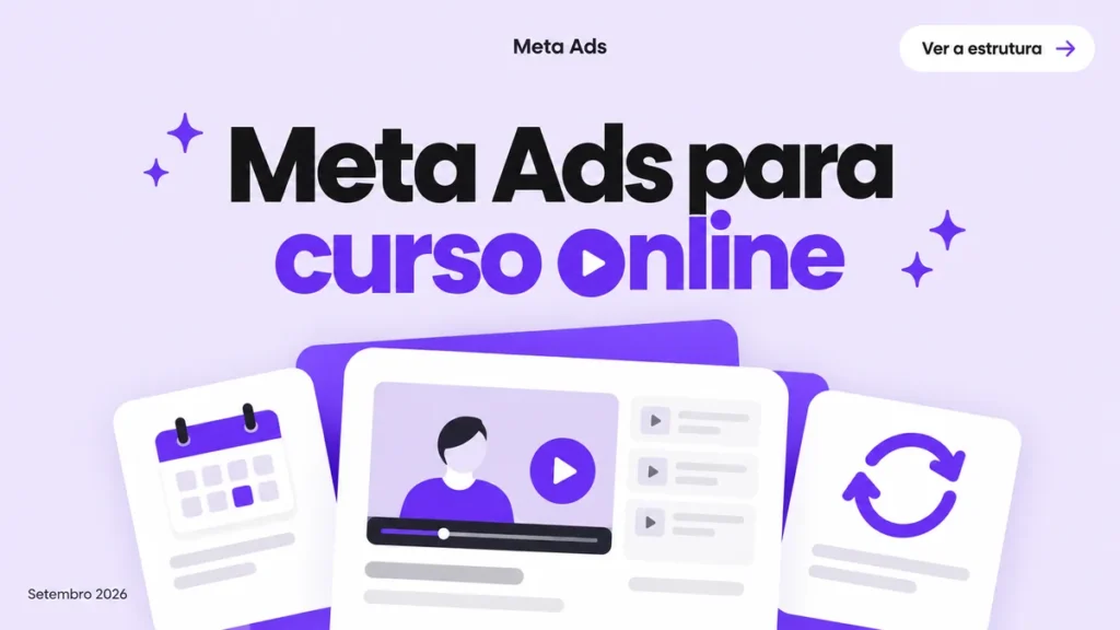 Capa do artigo sobre Meta Ads para curso online (lançamento e perpétuo), com cards de player, calendário e loop