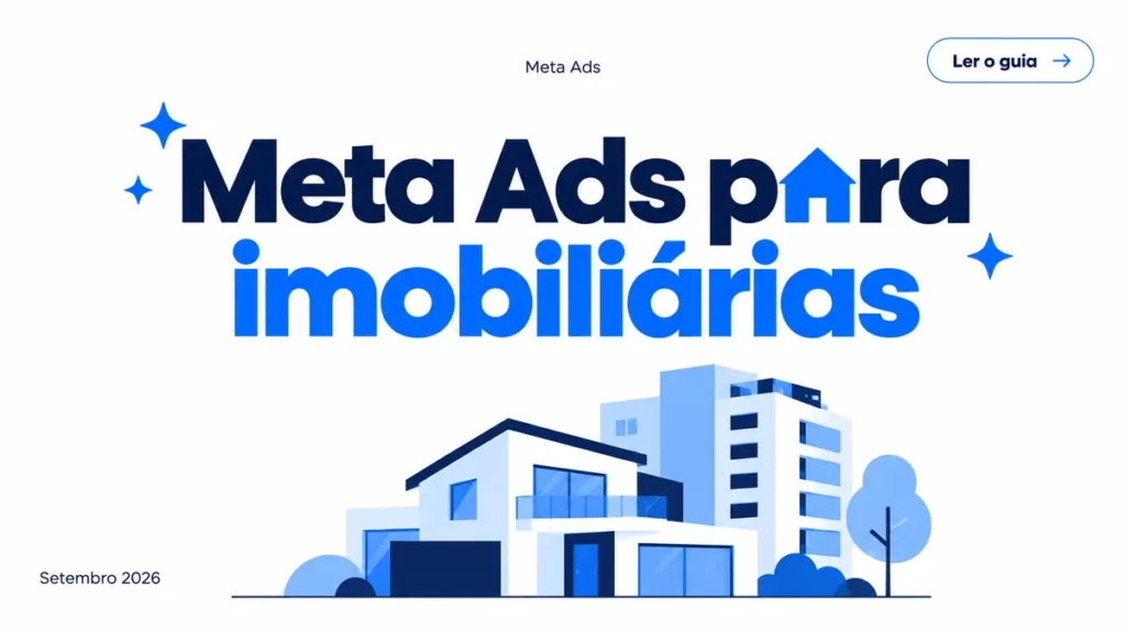 Capa do artigo sobre Meta Ads para imobiliária, com título grande em duas linhas e ícone de casa na palavra