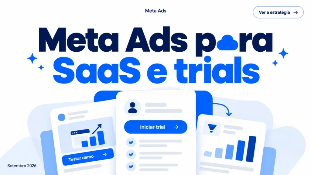 Capa do artigo sobre Meta Ads para SaaS (lead e trial), com cards de cadastro, anúncio no feed e pipeline