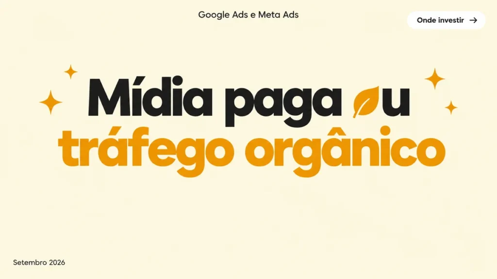 Capa do artigo mídia paga vs tráfego orgânico, com título grande em duas linhas e ícone de folha na palavra