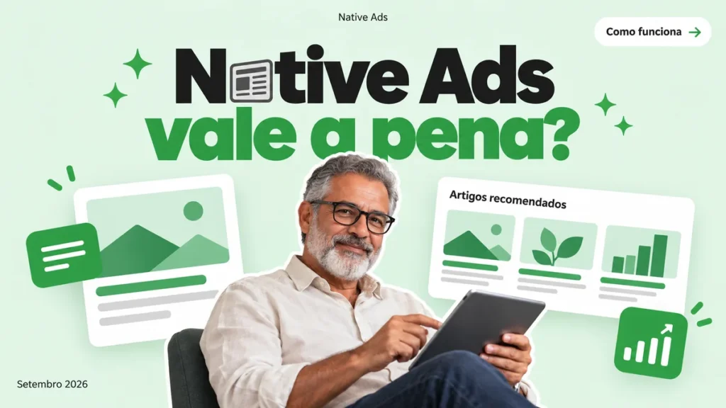 Capa do artigo sobre native ads (Taboola e Outbrain), com homem lendo no tablet entre cards de feed de notícias