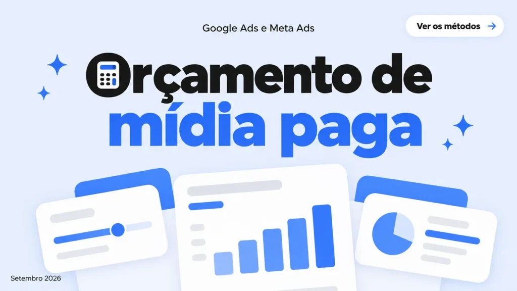 Capa do artigo sobre como definir orçamento de mídia paga, com cards de controle de verba e gráfico mensal