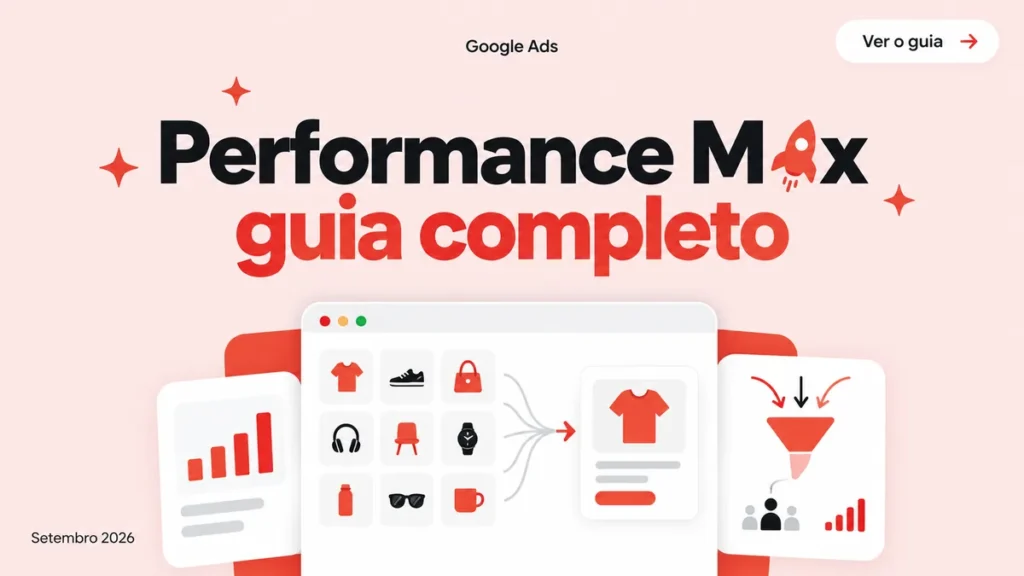 Capa do guia sobre Performance Max no Google Ads, com titulo grande e cards representando automacao de campanhas