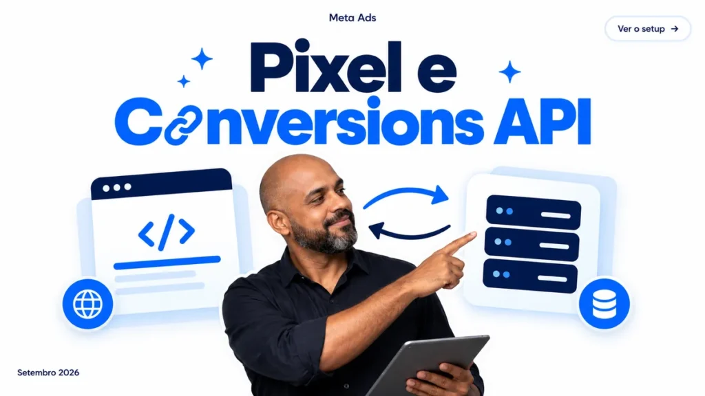 Capa do artigo sobre Pixel e Conversions API do Meta, com homem apontando pro tablet entre cards de pixel e servidor