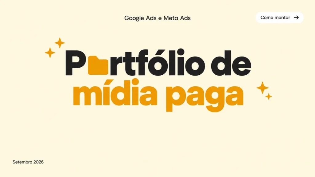 Capa do artigo sobre portfólio para especialista em mídia paga, com título grande e ícone de pasta na palavra