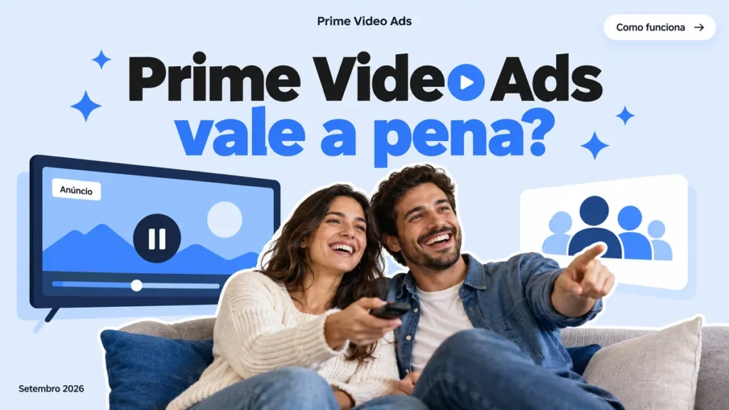 Capa do artigo sobre Prime Video Ads, com casal rindo no sofá entre cards de TV com anúncio pausado