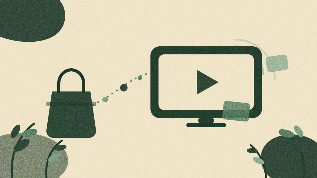 Ilustração editorial de uma sacola de compras conectada por pontos de dados a uma tela de streaming, representando o cruzamento de dado de compra usado no Prime Video Ads