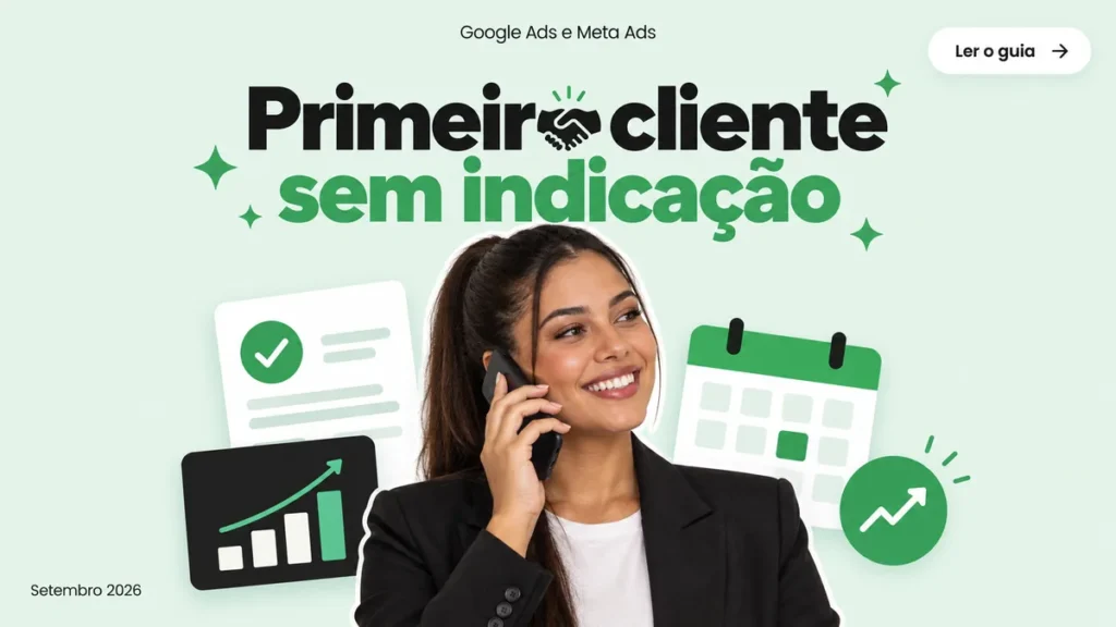 Capa do artigo sobre como conquistar o primeiro cliente em mídia paga, com jovem ao telefone entre cards de proposta