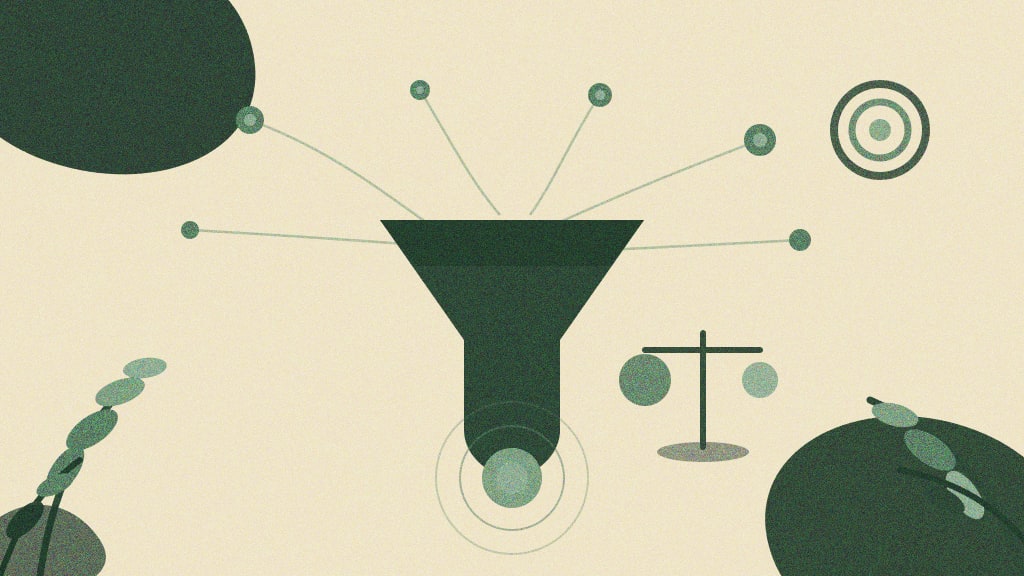 Ilustração editorial abstrata de programmatic ads e leilão RTB: rede de nós conectados alimentando um funil central que converge para um único lance vencedor, com balança e alvo simbolizando comparação e precisão de segmentação