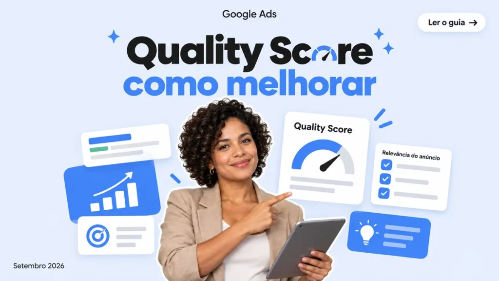 Capa do guia sobre Quality Score no Google Ads, com titulo grande e indicador de nota de qualidade dos anuncios