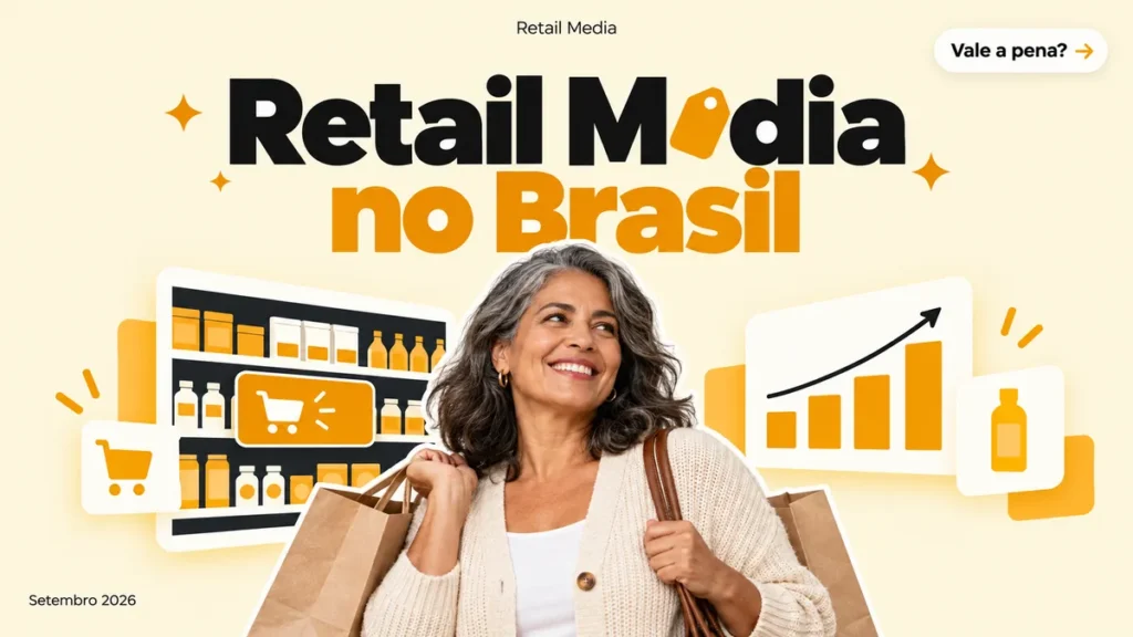 Capa do artigo sobre retail media no Brasil, com mulher carregando sacolas entre cards de prateleira e vendas