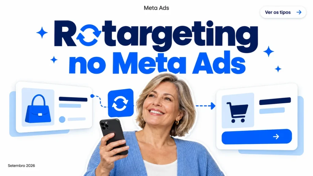 Capa do artigo sobre retargeting no Meta Ads, com mulher segurando celular entre cards de produto visto e checkout