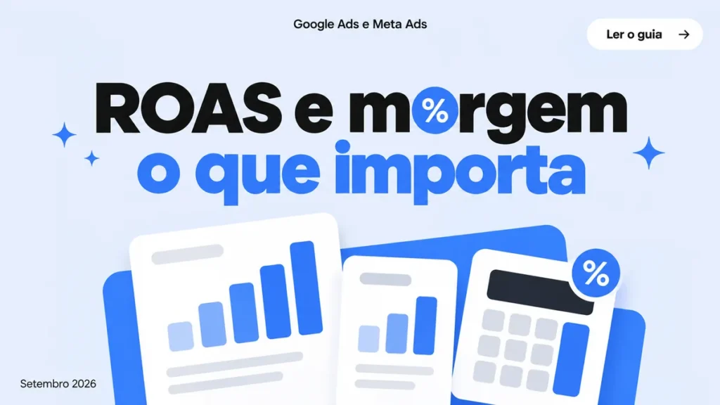 Capa do artigo sobre ROAS e margem em mídia paga, com título grande e cards de receita, lucro e calculadora