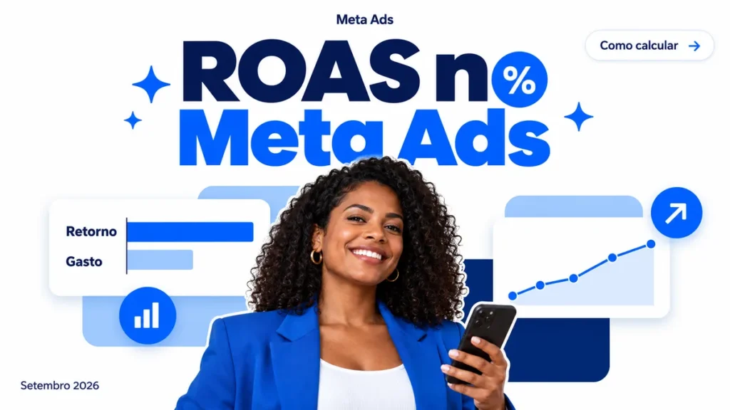 Capa do artigo sobre ROAS no Meta Ads, com mulher segurando celular entre cards de retorno versus gasto